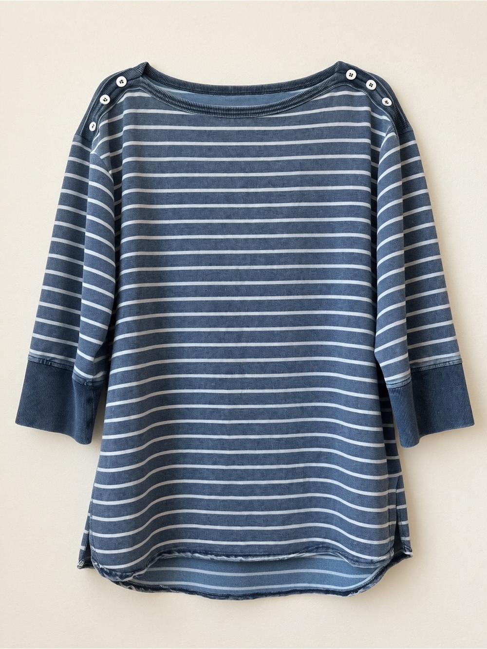 Unbranded Blue White Striped Boat Neck Button Shoulder 3/4 Sleeve Tunic Top